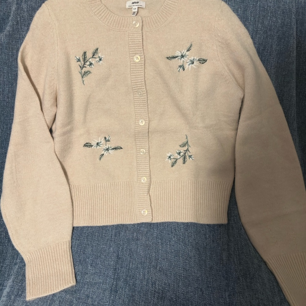 aerie Cream Embroidered Cropped Cardigan
